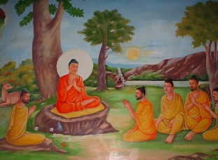 Buda enseando el DHAMMACAKKAPPAVATTANA-SUTTA a los cinco monjes.